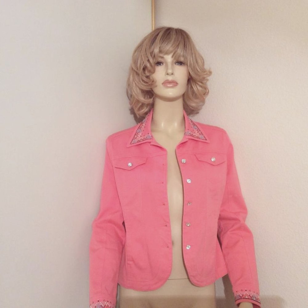 Christine Alexander NWOT Barbie Pink Denim Jacket Crystal Buttons Women Size S